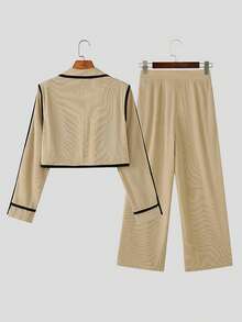 INCERUN Fashion Men's Long Sleve Colorblock Blazer Coat Cropped Jacket Wide-Leg Pants Trousers Party Set Two-Piece Outfit - Màu be - Xem 5