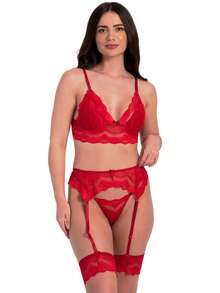Sexy Lace Lingerie With Adjustable Leg Warmers Costume With Garter Belt Erotic Lingerie Lace - 紅色 - 查看 1