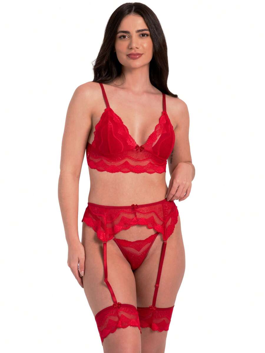 Sexy Lace Lingerie With Adjustable Leg Warmers Costume With Garter Belt Erotic Lingerie Lace - 紅色 - 查看 1