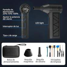 Nasjac Plumero de Aire Comprimido Eléctrico, 16 en 1 Soplador de aire Inalambrico de 130000RPM para limpiador Teclado y PC, Pistola de Aire Comprimido con Luz LED, Ventilador Turbo con 4 Velocidades - Negro - Ver 6