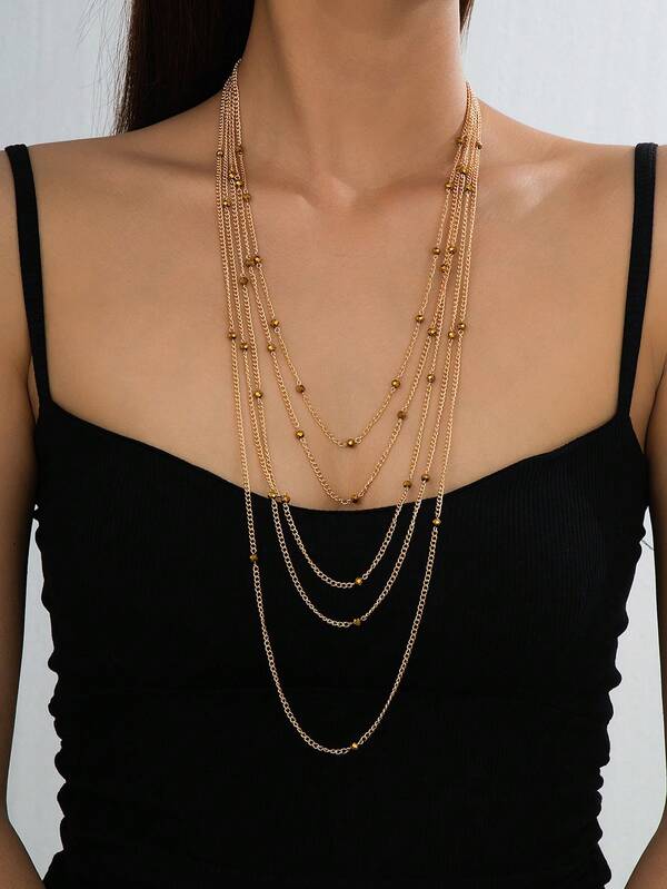 1pc Fashionable Multi-Layer Long Sweater Chain Necklace With Metal Chain, Glass Beads And Engraved Pendant, Vintage Bohemian Style, Versatile For Women, Suitable For Street, Date, Party, Travel, Daily Wear, Gift