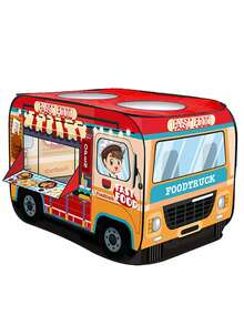 Składany namiot-domek dla dzieci w kształcie food trucka z hamburgerami, odpowiedni do użytku wewnątrz i na zewnątrz, kolorowy design, wytrzymały materiał poliestrowy, łatwy w montażu i przenoszeniu, idealny na kemping, piknik i do zabawy na świeżym powietrzu, idealny prezent na urodziny, Boże Narodzenie, Halloween lub Wielkanoc, plac zabaw na kempingu | Namiot zabaw | Wytrzymały domek do zabawy