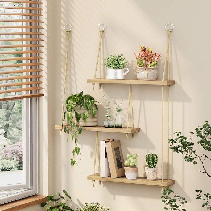Tomnk Estantes colgantes de 3 niveles para pared, decoración de habitaciones, decoración de pared bohemia, estante flotante para plantas, organizador de madera rústica con cuerda, colgador de almacenamiento para el hogar, dormitorio, cocina y baño. - Multicolor - Ver 1