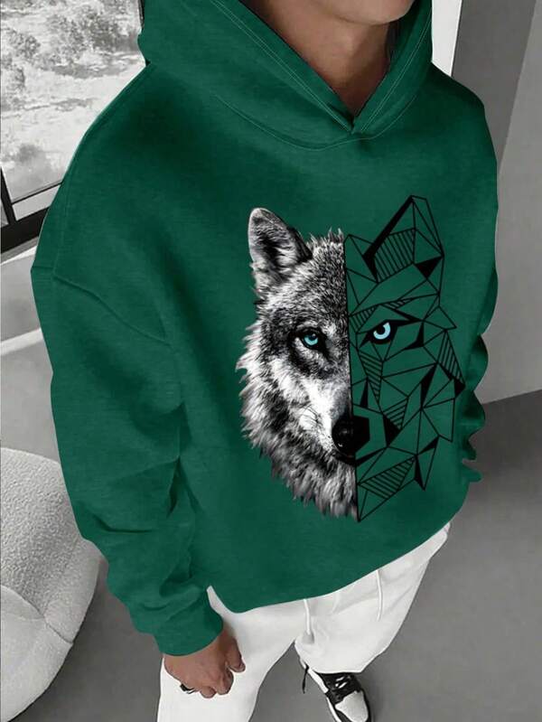 Teen Boy Casual Minimalist Wolf Head Printed Long Sleeve Conventional Thickness Hooded Loose Fit Sweatshirt, Suitable For Autumn/Winter,Hooded Sweatshirt,Suitable For Daily Wearut, Party, School, Attending Music Festivals, Vacation, Commuting. Can Be Given As A Gift To Family, Boyfriend,Girlfriend, Friends,Girls Winter Clothes,Essentials Hoodie