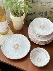 1pc Delicate Floral Embossed Underglaze Ceramic Tableware Set, Pink Petal Dessert Plate, Cake Plate, Snack Bowl - Multicolor - View 7