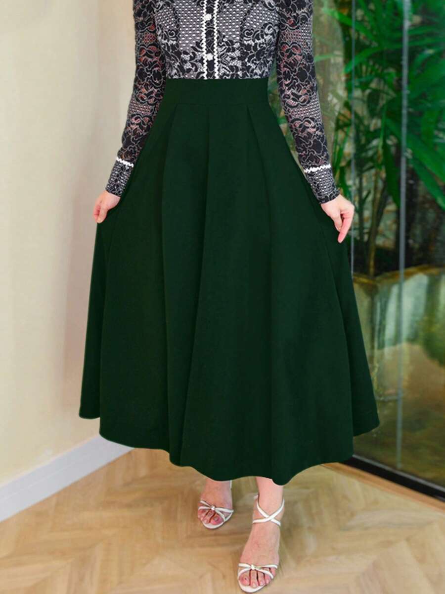 女士高腰及膝办公室半身裙，秋冬 - 墨綠色 - 查看 1