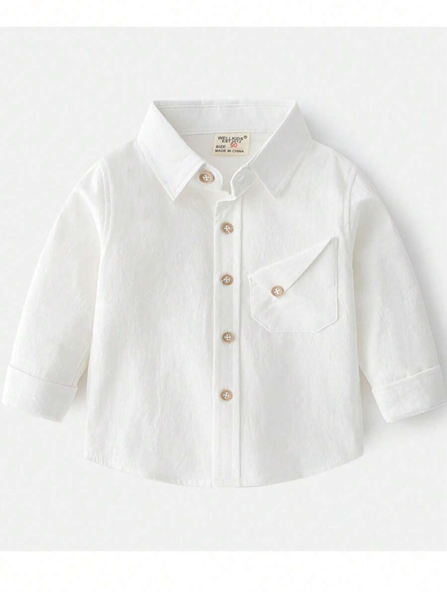Young Boy Solid Color Front Button Pocket Casual Long Sleeve Shirt, Autumn - White - View 1