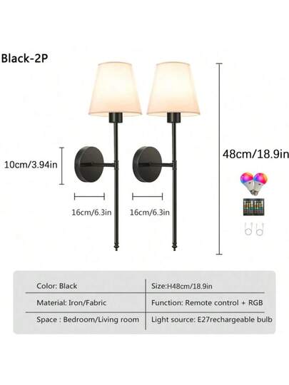 Moderne Fabric Battery Powered Wand Lamps, Rechargeable LED Verlichting Kit, Wireless Dimmable Bulb, Temperatures 12 RGB s, Remote Control, Black/Gold/Rose Goud Options, Living Room, Bedroom, Hallway, Entrance, Stairs, Office view 9