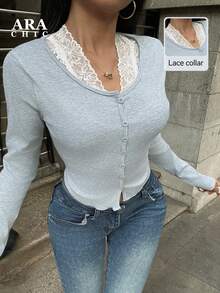 ARA CHIC Women's Gray Pure Desire V-Neck Knitted Cardigan With Lace Layered Inner Slim Short Coat Top, New Autumn Style