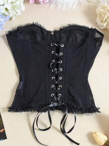 1件蕾丝胸衣露脐上衣，性感无肩带Y2K系带钢圈网纱胸衣上衣（女款） - 黑色 - 查看 6