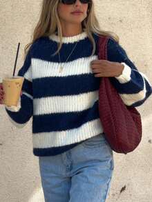 Navy Blue & White Striped Knit Loose Fit Pullover Sweater, Casual Striped Sweater - Royal Blue - View 5