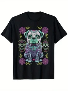 Camiseta playera gráfica dama mujer manga corta cuello redondo casual cómoda fresca ligera moderna juvenil corte regular estampado halloween dia de muertos pug perro perrito dog lover calavera - Negro - Ver 1