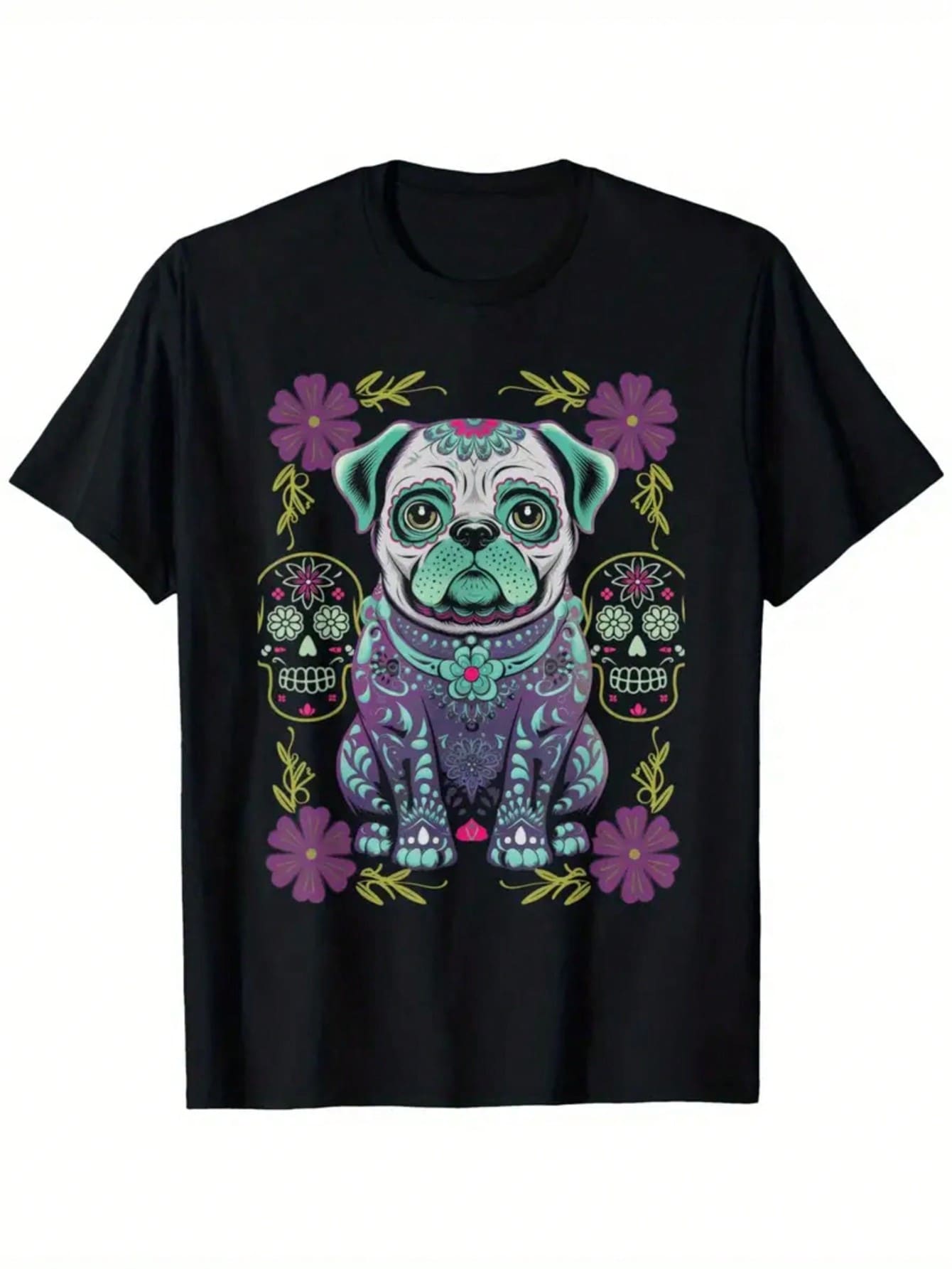 Camiseta playera gráfica dama mujer manga corta cuello redondo casual cómoda fresca ligera moderna juvenil corte regular estampado halloween dia de muertos pug perro perrito dog lover calavera - Negro - Ver 1