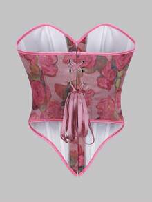 Bonmuse 1 件女士时尚新款紧身胸衣，不对称花卉印花塑身衣，无肩带休闲性感束胸衣，适合日常穿着 - 玫紅色 - 查看 4