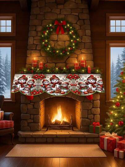 1 pezzo Elegante sciarpa natalizia decorativa per camino con pupazzo di neve bianco, poinsettia, fiocchi di neve, pigne e bacche - Centrotavola natalizio per camino, mensola, soggiorno, decorazione per feste di Natale - Facile da installare, riutilizzabile, decorazione natalizia per tavolo da pranzo, centrotavola, decorazione invernale per casa, soggiorno, camino, porta, finestra