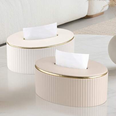 Lüks Dikey Çizgili PU Deri Oval Mendil Kutusu, Zarif Altın Kenarlı Peçete Dispenseri