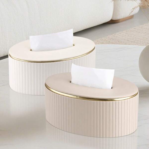 صندوق مناديل جلد اصطناعي بخطوط عمودية فاخرة، موزع مناديل أنيق بحواف ذهبية