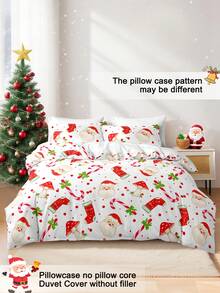 Set de 3 bucăți de husă de pilotă cu imprimeu de reni de Crăciun, brad de Crăciun (1 husă de pilotă și 2 fețe de pernă), set de lenjerie de pat cu husă de pilotă moale și prietenoasă cu pielea pentru casă, set de cearșafuri pentru toate anotimpurile, cadou de Crăciun