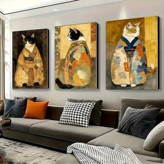 3pcs Fantastical Japanese Cat Kimono Printed Wall Art - Unique Ukiyo-E Style Retro Artwork, Imaginative Animal Illustrations, Cute Eastern Japanese Home Decor Embellishments, High-Quality Canvas Paintings, Long-Lasting Beauty, Optional Wooden Frame 248/1000