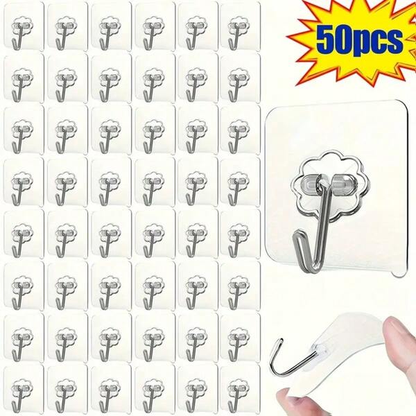 20/50pcs Heavy Duty Transparent Hooks - No Residue Bathroom And Kitchen Wall Hooks, Transparent Adhesive Hooks For Hanging Towels, Utensils, Keys - Damage-Free Removal, Space-Saving Organizer (50pcs), Home Organization, Minimalist Design, Heavy Duty Load, Small Space Living, Durable Plastic, Practical Hooks