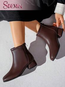 SDEMIN 女式黑色仿皮踝靴 - 方头粗跟短靴，采用精密缝线细节设计，永恒优雅的风格，适合秋冬日常穿着、办公室、休闲外出和晚间活动 - 棕色 - 查看 7