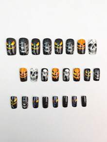 Paznokcie samoprzylepne z motywem czaszki na Halloween, jesienne naklejki na paznokcie, czarne paznokcie, paznokcie na Halloween, jesienne naklejki samoprzylepne, paznokcie samoprzylepne