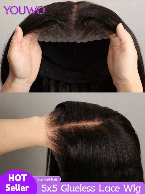 باروكة مستقيمة بكثافة 200% بدون غراء، باروكة شعر بشري مخلوط مع جبهة دانتيل 4x4/5x5، مقصوصة مسبقًا ومنتفضة مع شعر طفل، باروكة بوب مستقيمة بدون غراء للنساء، لون #1B باروكة جبهة دانتيل