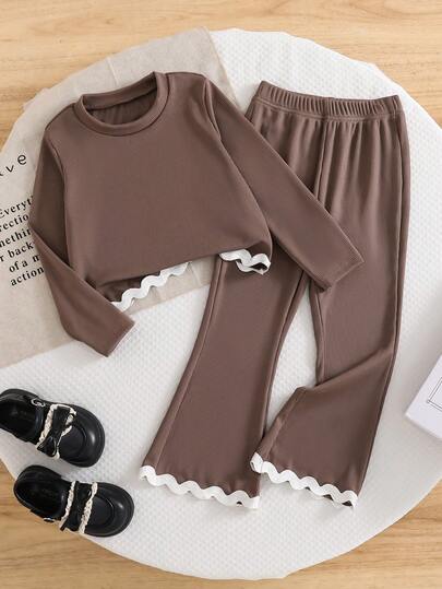 2-Piece Fashionable Casual Round Neck Children's Clothing Set, Suitable For Young Girls, Long Sleeved Top And Flared Pants, Comfortable Ribbed Fabric, Suitable For Daily Outdoor Wear In Spring, Autumn And Winter