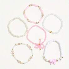 6-Piece Glass Rice Bead Polymer Clay Hand-Positioned Beaded Layered Bracelet Pink Series Cute Sexy Versatile Holiday Y2K Bow Heart-Shaped Bracelet Set Gift Box - 粉色 - 查看 5