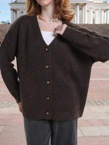 女士V领长袖休闲开衫，适合秋冬季穿着 - 棕色 - 查看 3