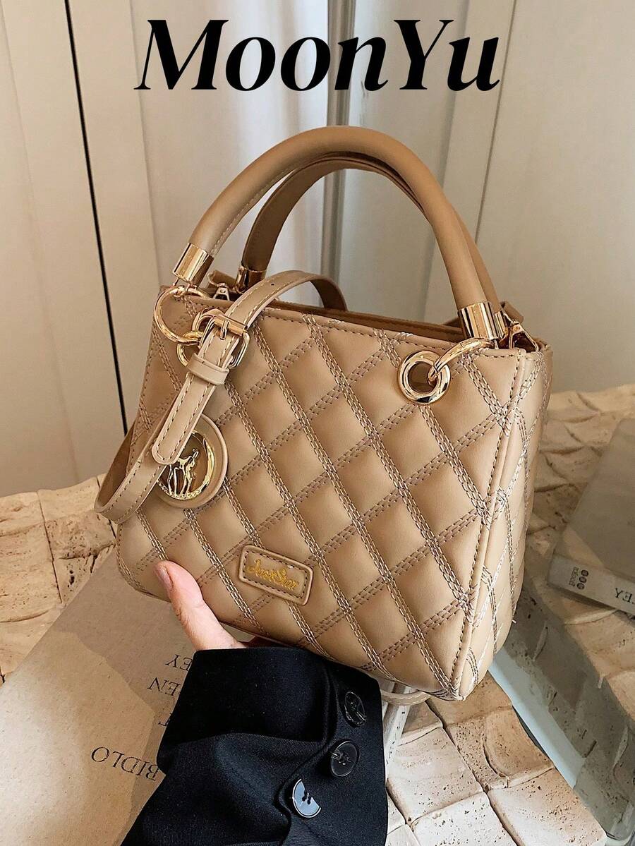 女士大容量手提包，奢华女包，卡其色刺绣菱形斜挎包 - 卡其色 - 查看 1