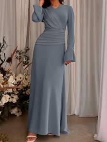 1pc Elegant Long Dress In Pale Blue, Muslim Style With Long Bell Sleeves, Suitable For Women, Perfect For Eid And Wedding Occasions - Dusty Blue - View 3