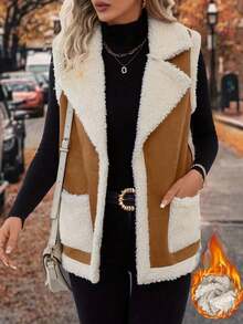 Autumn/Winter Fashion Color Block Suede-Like Fabric Fuzzy Sleeveless Open Front Casual Commute Simple Pocket Vest Jacket For Women
