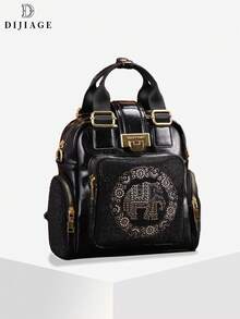 Bolso de mano negro para mujer con patrón de diamantes calientes con elefante y cremallera dorada. Mochila de gran capacidad. Estilo de moda de lujo multifuncional con múltiples bolsillos. Adecuado para fiestas, cenas, actividades al aire libre y viajes.