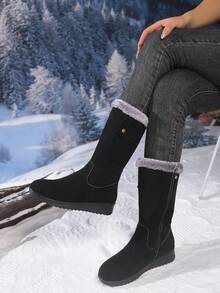 Botas de nieve hasta la pantorrilla para mujer, forro de felpa grueso, tacón de cuña, material cálido y suave, cremallera lateral, punta redonda, botas versátiles para exteriores (corre un tamaño talla grande pequeño)