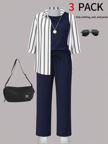 Women's 3 PiecesCasual Outfit Set: Striped Shirt Jacket, Sleeveless Square Neck Top, And Elastic Waist Wide Leg Pants, Suitable For Commuting, Autumn/Winter - Navy Blue - View 4