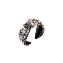 Pearl Knotted Headband For Women White Pearl Rhinestone Crystal Jeweled Hairband Fashion Elegant Ladies Wide Bride Headpieces Boho Bachelorette Party Hair Accessories (Plaid Knot Hairband A) - 格子結髮帶A - 查看 1