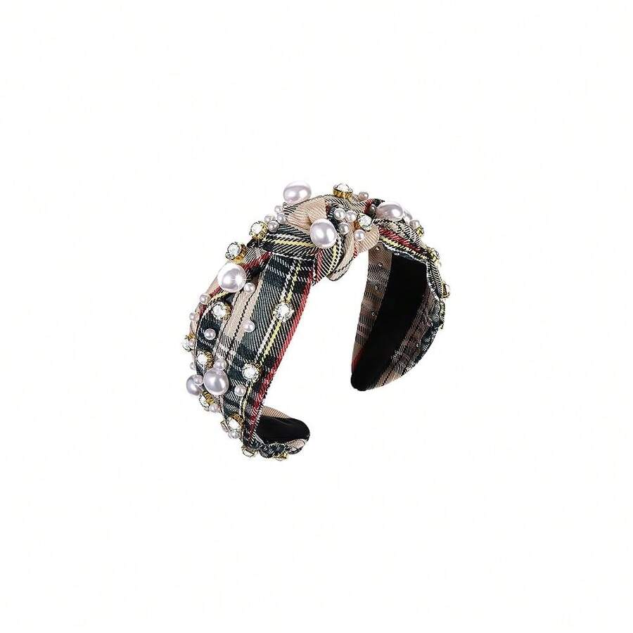 Pearl Knotted Headband For Women White Pearl Rhinestone Crystal Jeweled Hairband Fashion Elegant Ladies Wide Bride Headpieces Boho Bachelorette Party Hair Accessories (Plaid Knot Hairband A) - 格子結髮帶A - 查看 1