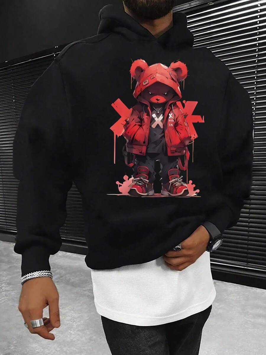 Men's Red Bear Element Print Thermal Lined Hoodie, Streetwear Style, Autumn/Winter