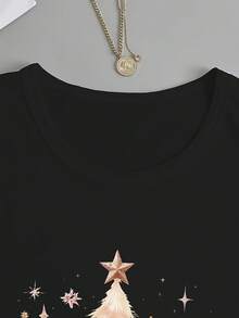 Women'sChristmasTreePrintLongSleeveT-Shirt-VibrantHolidayDesignwith"TheSeasonofSparkle"Text,SoftStretchPolyester,All-SeasonCasualRoundNeckTopforWomen,ChristmasTshirt,FestiveApparel,FestiveDesign,DurableComfort - 黑色 - 查看 4