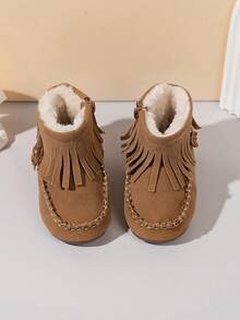 1 Pair Baby Girls' Tasseled Side Zipper Design Lightweight Comfortable Warm Flat Boots, Suitable For Everyday Outdoor Wear In Autumn/Winter - Brown - View 2