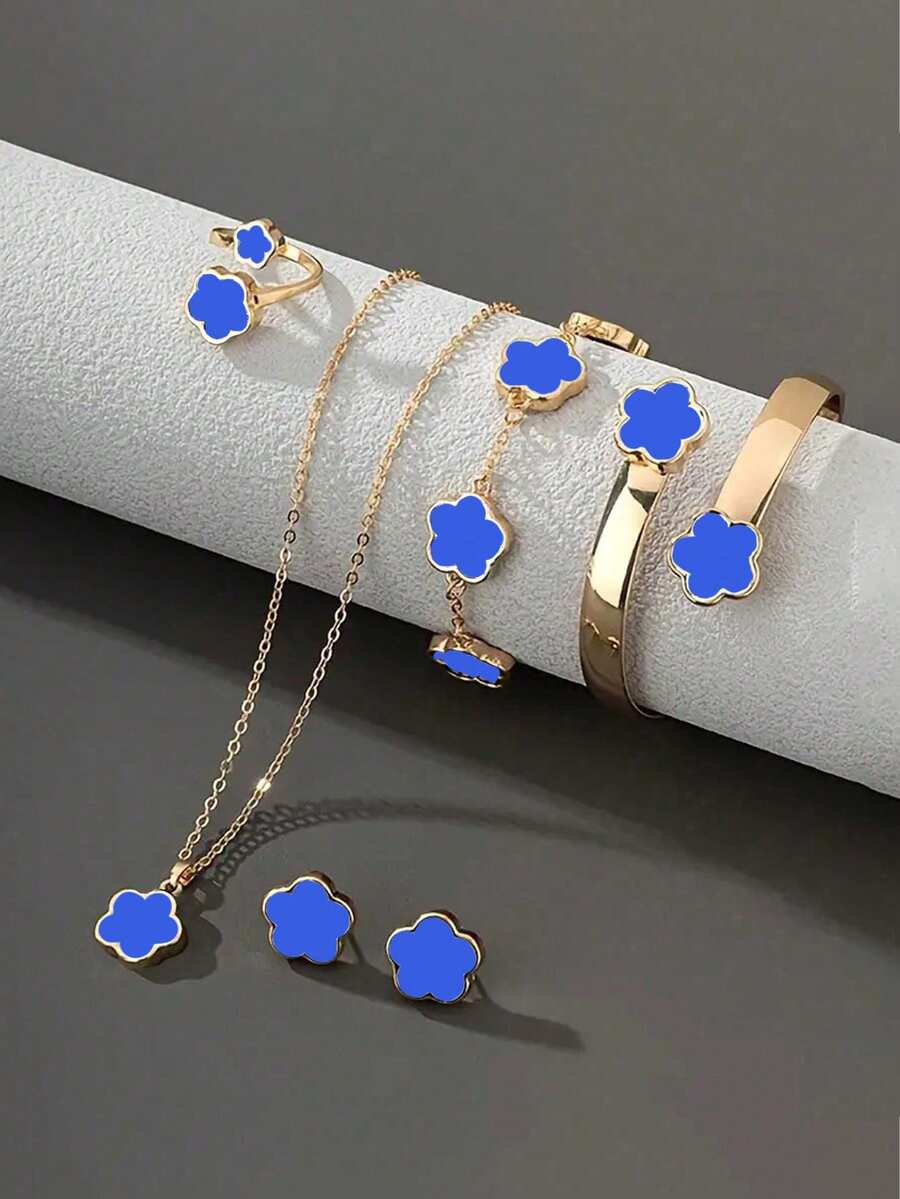 Teenager's Blue Floral, Four-Leaf Clover Necklace, Bracelet, Bangle, Earrings, Ring Jewelry Set, Fashionable Gift For Holiday & Beach Style, Summer Travel