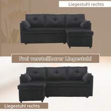 L-Shaped Sectional Sofa With Reversible Chaise Lounge, Modular Sectional Sofa With Storage Seats - Black + Velvet + 3 Seat - View 4
