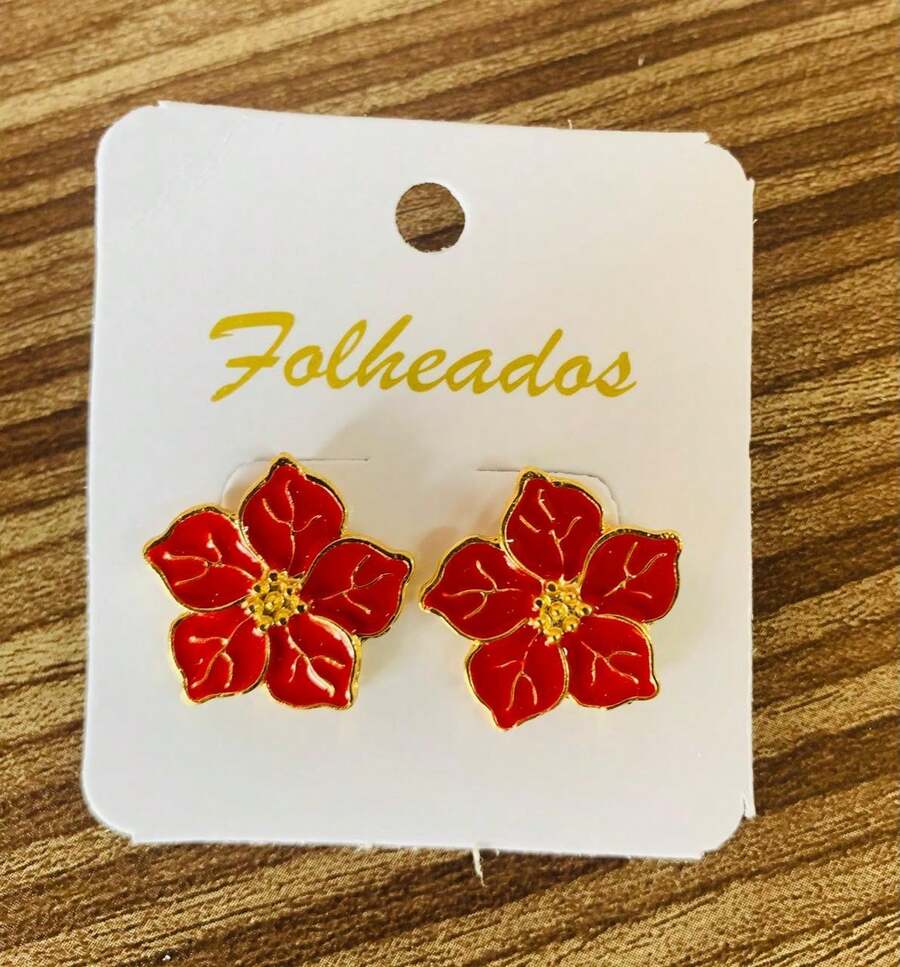 Enameled 5-Petal Flower Earring - Rojo - Ver 1