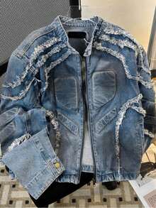 New American Style Niche Retro Tassel Fringed Shoulder Pad Motorcycle Jacket Jacket With Design Sense Short Top For Men - 藍色 - 查看 3
