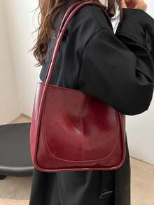 Vintage Burgundy Women's Fashion Casual Matching PU Solid Color Stitched Large Capacity Tote Bag, School Bag, Large Capacity, Portable, Classic Casual, Business Casual, Suitable For Teenage Girls, College Students, White-Collar Workers, Very Suitable For Work, Back To School, Middle School, High School, University, Holidays