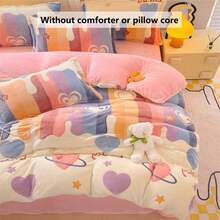 3 件套加厚保暖双面羊毛床上用品套装 - 心形 + 彩虹条纹印花图案 | 1 件羽绒被套，2 件枕套，不含被子或枕头 | 舒适温暖透气，冬季必备床上用品 - 彩虹愛心 - 查看 5