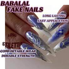 Press On Nails Long Stiletto Fake Nails Blue Glue On Nails 3d Texture Sliver Butterfly Design Y2k Acrylic Nails 24Pcs Goth False Nails White French Ombre Manicure Almond Stick On Nails - 多色19 - 查看 6