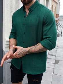 Men's Green Casual Long Sleeve Shirt, Outdoor Leisure Minimalist Fashion Shirt, Casual Jacket - Green - View 3