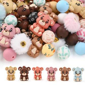 31pcs/Set 3D Bear Silicone Bead Assortment - Printed & Solid Color Silicone Beads, Plush Beads, Glass Rhinestone Beads, Suitable For DIY Pen, Keychain - Holiday Gift Making